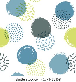 Memphis circles seamless textile print pattern. Painted round shapes geometric vector background. Grunge polka dot seamless ornament, random circles wallpaper. Flat bubbles print.