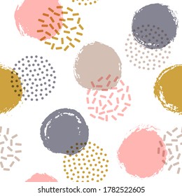 Memphis circles seamless textile print pattern. Hand drawn and halftone round shapes vector background. Grunge polka dot seamless ornament, modern circles wallpaper. Flat bubbles print.