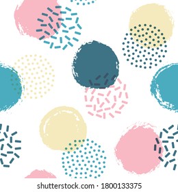 Memphis circles seamless textile print pattern. Painted round shapes geometric vector background. Grunge polka dot seamless ornament, scattered circles wallpaper. Pop art design.