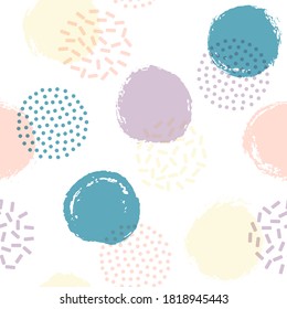 Memphis circles seamless textile print pattern. Hand drawn and halftone round shapes vector background. Grunge polka dot seamless ornament, trendy circles wallpaper. Points bubbles print.