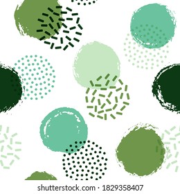 Memphis circles seamless textile print pattern. Hand drawn and halftone round shapes vector background. Grunge polka dot seamless ornament, funky circles wallpaper. Flat graphic design.