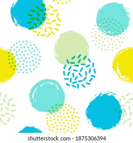 Memphis circles seamless textile print pattern. Painted round shapes geometric vector background. Grunge polka dot seamless ornament, modern circles wallpaper. 90s style design.