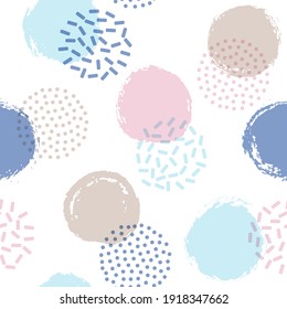 Memphis circles seamless textile print pattern. Hand drawn and halftone round shapes vector background. Grunge polka dot seamless ornament, hipster circles wallpaper. Pop art design.