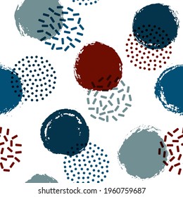 Memphis circles seamless textile print pattern. Hand drawn and halftone round shapes vector background. Grunge polka dot seamless ornament, funky circles wallpaper. Points bubbles print.