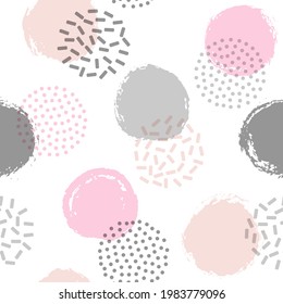 Memphis circles seamless textile print pattern. Painted and halftone round shapes vector background. Grunge polka dot seamless ornament, modern circles wallpaper. Flat graphic design.