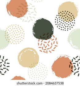 Memphis circles seamless textile print pattern. Hand drawn and halftone round shapes vector background. Grunge polka dot seamless ornament, modern circles wallpaper. Memphis points bubbles print.