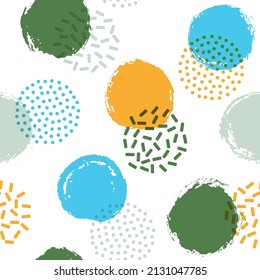 Memphis circles seamless textile print pattern. Painted round shapes geometric vector background. Grunge polka dot seamless ornament, creative circles wallpaper. Retro points bubbles print.