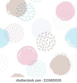 Memphis circles seamless textile print pattern. Hand drawn round shapes geometric vector background. Grunge polka dot seamless ornament, hipster circles wallpaper. 90s style points and bubbles.