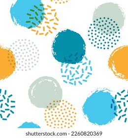 Memphis circles seamless textile print pattern. Hand drawn and halftone round shapes vector background. Grunge polka dot seamless ornament, trendy circles wallpaper. Abstract bubbles.