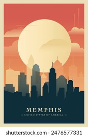 Cartel de brutalismo de la ciudad de Memphis con horizonte abstracto, paisaje urbano. ILUSTRACIÓN VECTORIAL retro del estado de Tennessee. Portada de viaje, folleto, folleto, folleto, folleto, Plantilla de presentación, Imagen de diseño