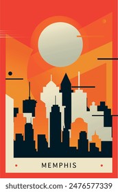 Memphis city brutalism poster with abstract skyline, cityscape. USA Tennessee state retro vector illustration. US travel front cover, brochure, flyer, leaflet, presentation template, layout image