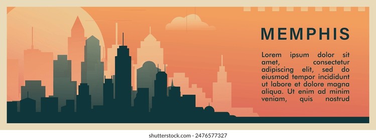 Anuncio de Vector con horizonte, paisaje urbano. EE.UU. Tennessee estado retro ilustración Horizontal. Diseño de viajes de los Estados Unidos de América para presentación de Web, encabezado, pie de página