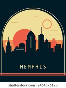 Memphis city retro style poster with skyline, cityscape. USA Tennessee state vintage vector illustration. US front cover, brochure, flyer, leaflet template, layout image