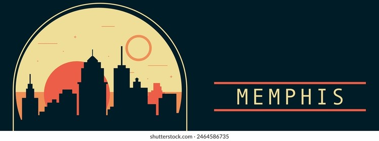 Anuncio de Vector de estilo retro de la ciudad de Memphis con horizonte, paisaje urbano. Ilustración Horizontal vintage del estado de Tennessee. Diseño de viajes de los Estados Unidos de América para presentación de Web, encabezado, pie de página