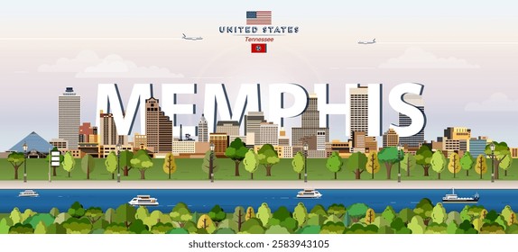 Memphis city skyline colorful vector illustration. Travel poster