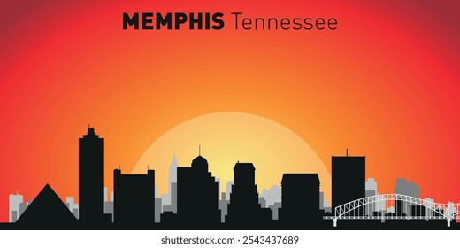 Horizonte de la ciudad de Memphis con siluetas de edificios con el telón de fondo de un Grande sol amarillo y cielo naranja. Vector en el fondo de la puesta del sol