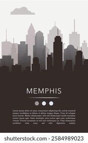 Memphis city template for website, presentation, front page, invitation, publication sheet with skyline, landmarks. Vector Tennessee state, USA image layout, simple and grayscale