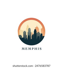 Paisaje urbano de Memphis, insignia de gradiente de Vector, logotipo plano del horizonte, ícono. EE.UU., la ciudad del estado de Tennessee redondeó la idea del emblema con Lugares famosos y siluetas de construcción. Gráfico abstracto aislado