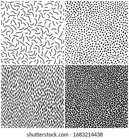 Memphis collection seamless patterns. Stripes flexible ribbons, stripes, polka dots, hand drawn vector abstract black and white background. Fashion 80-90s. Ideal for textiles, fabrics, digital paper.