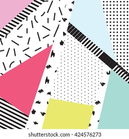 Memphis color blocks and dash elements backdrop design. Black and white 80s 90s retro style.