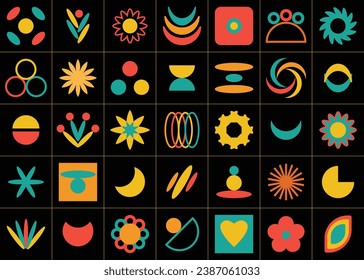 Memphis colored vector shapes isolated on black background, flat geometric design .