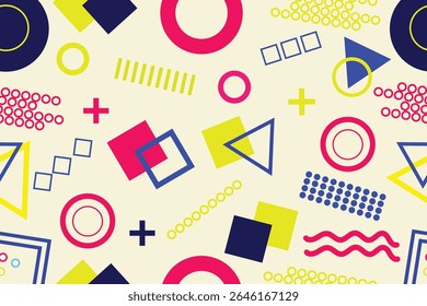 Padrão colorido de formas geométricas de Memphis, ilustração vetorial 