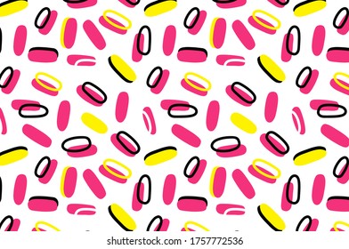 Memphis colorful patterns with geometric, grid, striped and other elements for fashion, wallpapers, wrapping, etc. Background set in trendy style with simple colors.