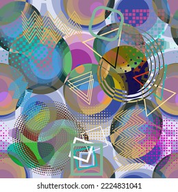 Memphis colorful seamless pattern. Modern geometric background. Repeat geometrical shapes vector background. Memphis ornaments with circles, triangles, squares, spirals, halftone shapes, zigzag lines.
