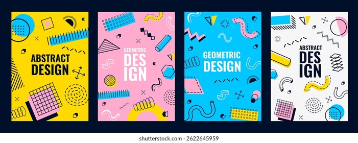 Memphis cover background. Modern posters with abstract geometric shapes. Vibrant vector vertical cards with bold colors and playful patterns, dynamic visual compositions with retro futuristic flair - Powered by Shutterstock - Get 15% off with code: PIKWIZARD15