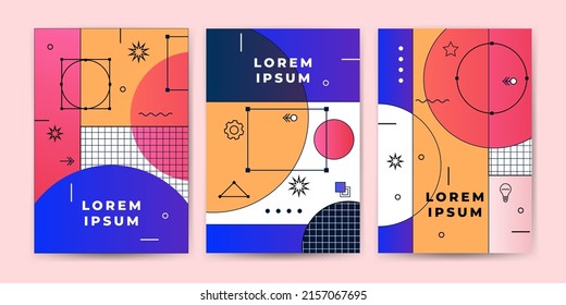 Memphis-Titelsammlung. Geometrisches Muster mit unterschiedlichen Formen, Farbstil. Minimale Deckengestaltung, Vektorgrafik. 