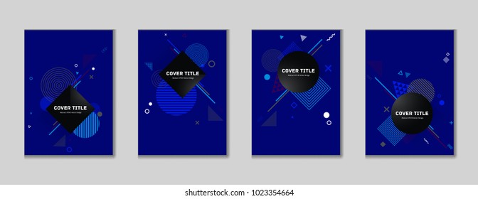 Memphis cover collection pattern with white, cyan, red and grey geometrical shapes on deep blue background. Variegated first page cover selection. Colorful memphis style backdrop for marketing purpose