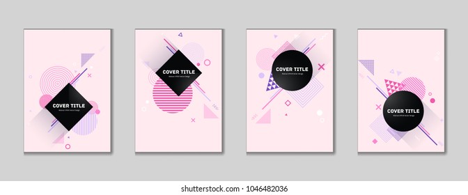 Memphis cover collection pattern with white, violet and magenta geometrical shapes on pink background. Variegated first page cover assortment. Colorful memphis style illustration for business purpose.