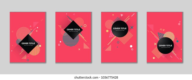 Memphis cover collection vector with white, pink, yellow and navy blue geometrical shapes on red background. Variegated first page cover assortment. Memphis style background for corporate purpose.