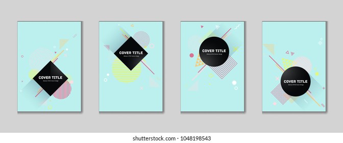 Memphis cover collection vector with white, lime green, pink and purple geometrical shapes on cyan background. Variegated first page cover assortment. Memphis style pattern for corporate purpose.