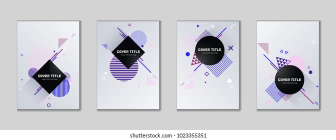 Memphis cover kit. Cool memphis template front page set with white, blue, violet, purple and pink shapes, isolated on light background. Memphis style cover pattern collection for marketing purpose.