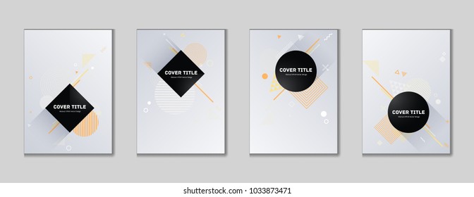 Memphis cover kit. Cool memphis template front page set with white, grey, orange and peach pink shapes, isolated on background. Memphis style cover background selection for advertisement purpose.