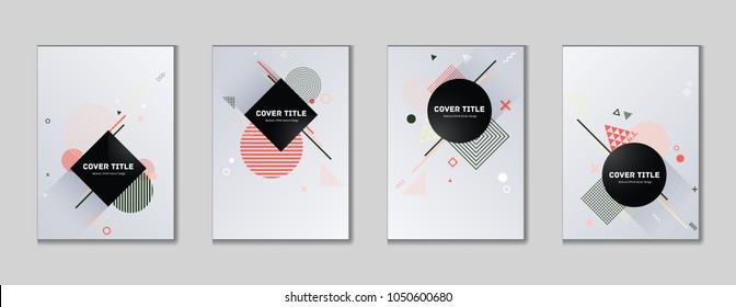 Memphis cover kit. Cool memphis template front page set with white, red, pink and black shapes, isolated on light background. Memphis style cover graphic design assortment for advertisement purpose.