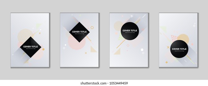 Memphis cover kit. Cool memphis template front page set with white, pink, yellow and lime green shapes isolated on light background. Memphis style cover graphic design collection for marketing purpose