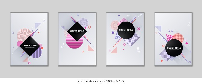 Memphis cover kit. Cool memphis texture front page set with white, pink violet and peach orange shapes, isolated on light background. Memphis style cover graphic design selection for marketing purpose