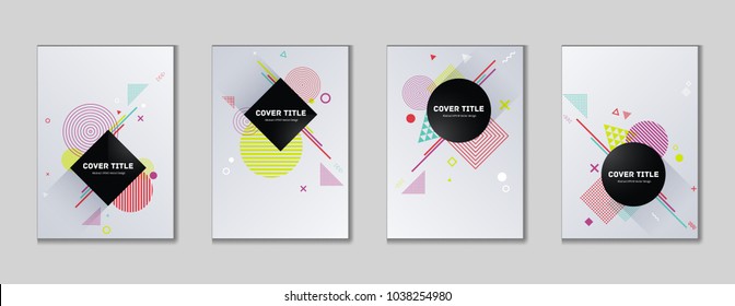 Memphis cover kit. Cool memphis texture front page set with white, green, purple and red shapes, isolated on light background. Memphis style cover illustration collection for advertisement purpose.