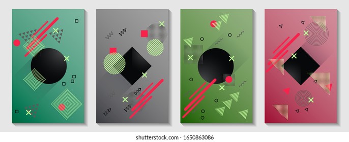 Memphis cover page layouts kit. Cool front page templates vector set with geometric shapes uprising motion. Abstract memphis geometry covers graphic design for notepads, brochures.
