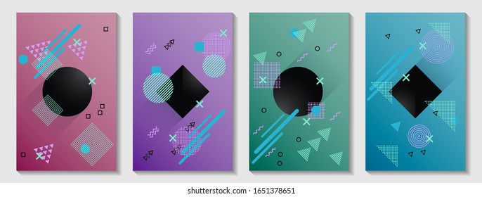 Memphis cover page layouts kit. Front page templates vector set with geometric shapes uprising motion. Abstract memphis geometry covers graphic design for notepads, brochures, posters.