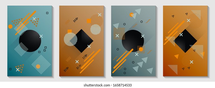 Kit de diseño de portada de Memphis. Plantillas de página delantera conjunto vectorial con formas geométricas movimiento de levantamiento. Mempos abstractos su geometría cubre el diseño gráfico para notas, folletos, carteles.