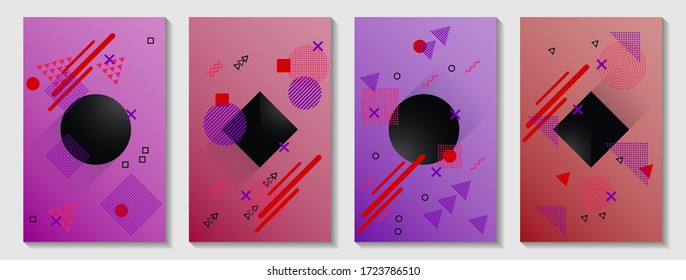 Memphis cover page layouts kit. Front page templates vector set with geometric shapes uprising motion. Abstract memphis geometry covers graphic design for notepads, brochures, flyers.