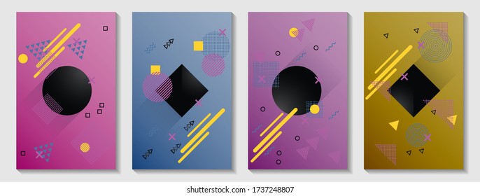 Memphis cover page layouts kit. Vintage front page templates vector set with geometric shapes uprising motion. Abstract memphis geometry covers graphic design for notepads, brochures.
