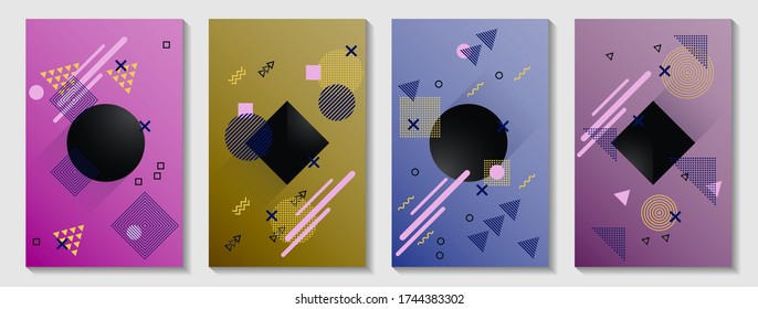 Memphis cover page layouts kit. Vivid front page templates vector set with geometric shapes uprising motion. Abstract memphis geometry covers graphic design for notepads, brochures.