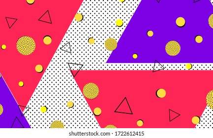 Memphis Design. 80s Background. Purple, Red, Yellow Colors. Abstract Dots. Memphis Pattern. Vector Illustration. Hipster Style 80s-90s Pattern. Abstract Colorful Funky Background.