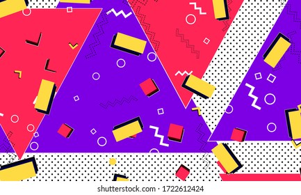 Memphis Design. Hintergrund der 80er Jahre. Purpur, Rot, Gelb. Abstrakte Punkte. Memphis-Muster. Vektorgrafik. Hipster Style 80er-90er Muster. Abstrakter bunter Funky Hintergrund.