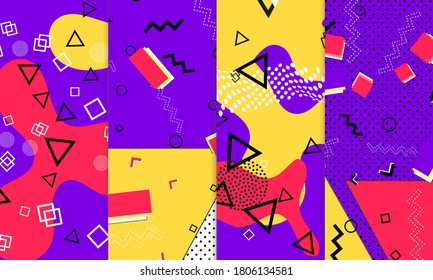 Memphis Design. 80s Background. Purple, Red, Yellow Colors. Abstract Dots. Memphis Pattern. Vector Illustration. Hipster Style 80s-90s Pattern. Abstract Colorful Funky Background.