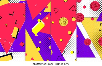 Memphis Design. 80s Background. Purple, Red, Yellow Colors. Abstract Dots. Memphis Pattern. Vector Illustration. Hipster Style 80s-90s Pattern. Abstract Colorful Funky Background.